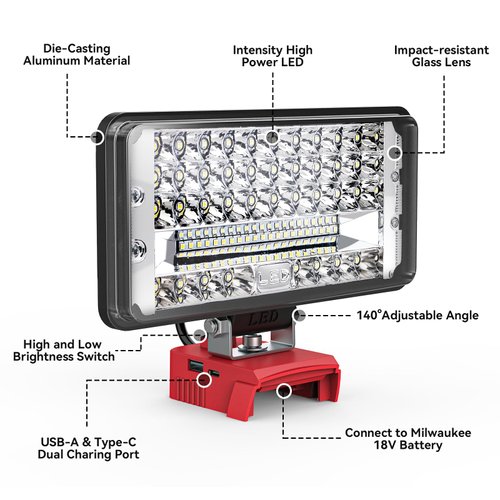 LED Work Light for Milwaukee m18 18v Battery, Ecarke 7'' 68W Cordless Work Light 6800 Lumens of Brightness with with Low Voltage Protection&USB & Type-C Charger Port for car Repairing（Bare Tool Only）