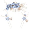 Bridal Hair Combs, Wedding Hair Comb Set Crystal Flower Hair Clips Bride Bridesmaid Hair Sides Comb Rhinestone Barrettes, Pearl Flower Hair Pins Hair Accessories for Women Girls (Light Blue)