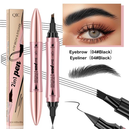 2 in 1 Microblading Eyebrow Pen with Eyeliner Pencil, Waterproof Eyebrow Pencil with 4 Fork Tip Multifunctional Double Head Microblade Eyebrow Pencil Waterproof and Long-Lasting (Black)