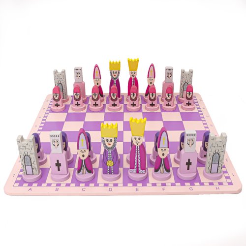 Pink Chess Set Wooden with Board Educational Adults, Cartoon Board Game Cute