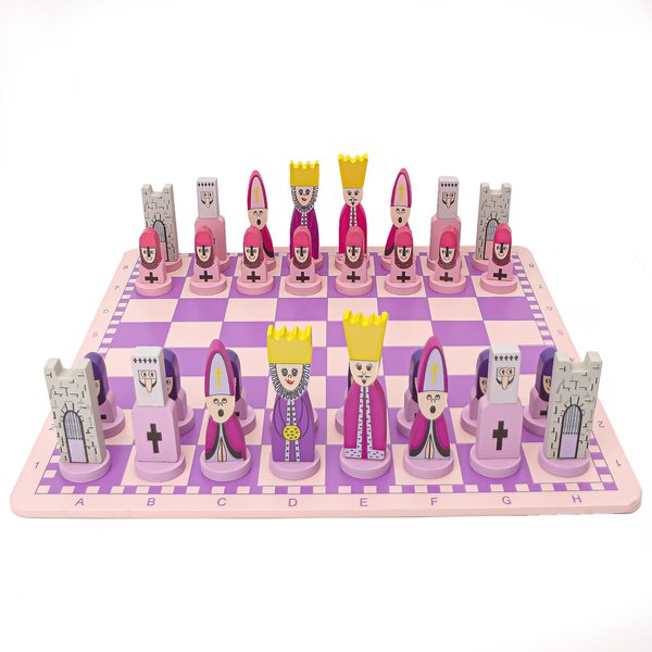 Pink Chess Set Wooden with Board Educational Adults, Cartoon Board Game Cute