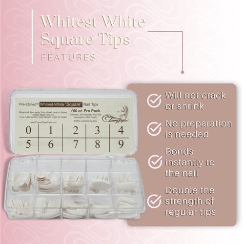 Tammy Taylor Acrylic Tapered Square Nail Extensions | Full Coverage, Natural Lightweight, Long Lasting, Salon Grade Professional Pre Etched Acrylic Nail Tips | Whitest White Fake Nails, 20 count