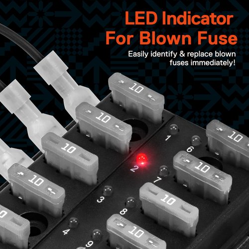 True Mods 10 Way Blade Fuse Box for Automotive [ATC/ATO Blade Fuses] [100 Amp][LED Indicator] [Protection Cover] [10-30V DC; 12V] Auto Marine Fuse Block