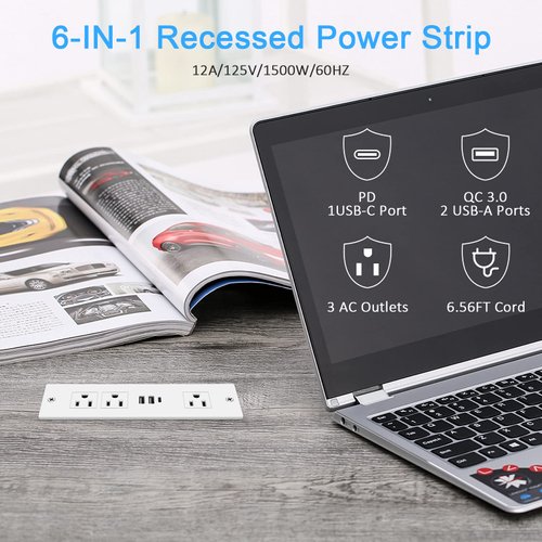 Recessed Power Strip, Furniture Drawer Outlet with 20W PD USB-C & 18W QC3.0 USB-A, Plug in 3 Outlets & USB Ports, Flush Mount 6FT White Extension Cord Conference Desk Outlets