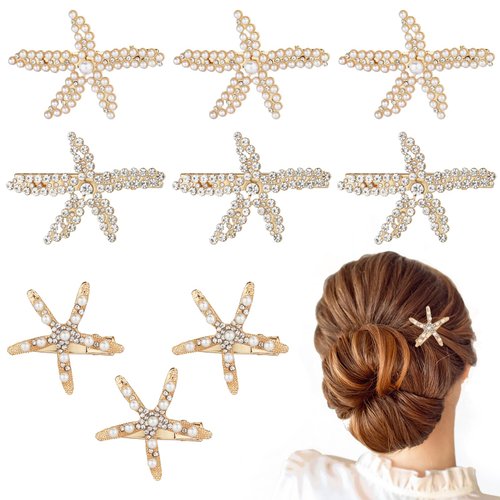 9pcs Starfish Hair Clip, Elegant Pearl Star Hair Clip Sea Star Hair Clips Rhinestone Hairpin Barrette Seashell Hair Accessories for Women Girls (3 Styles)