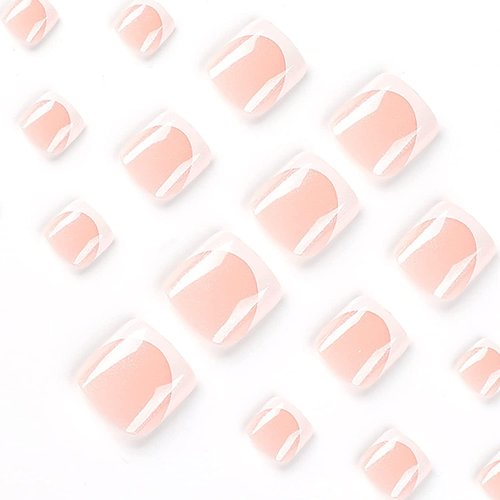White French Tip Press on Toenails Short Square Fake Toe nails Nude Full Cover Glue on Toe Nails White Nail Tip False Nails with Designs Summer Acrylic Toe Nails for Women Girls Manicure 24Pcs