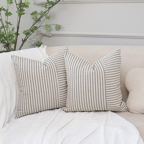 Hckot Grey and Beige Patchwork Farmhouse Throw Pillow Covers 18 x 18 Inch, Pack of 2 Striped Linen Decorative Pillow Case for Sofa Couch Chair Bedroom Modern Decor(Grey)