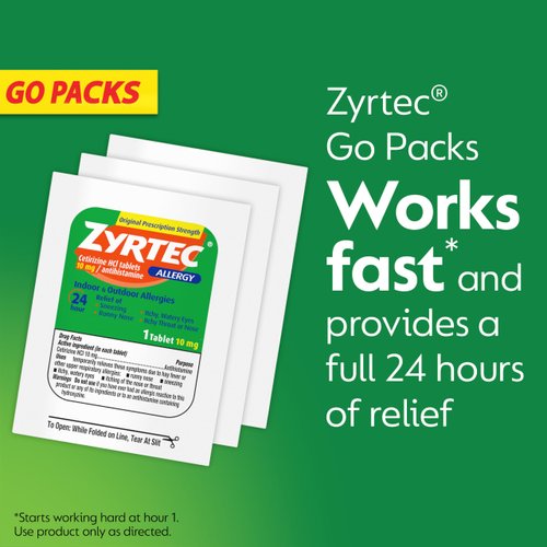 Zyrtec 24 Hour Allergy Relief Tablets, Indoor & Outdoor Allergy Medicine, 5 mg Cetirizine HCl per Antihistamine Tablet, Relief from Runny Nose & More, Individual Travel Pouches, 1 x 15 ct