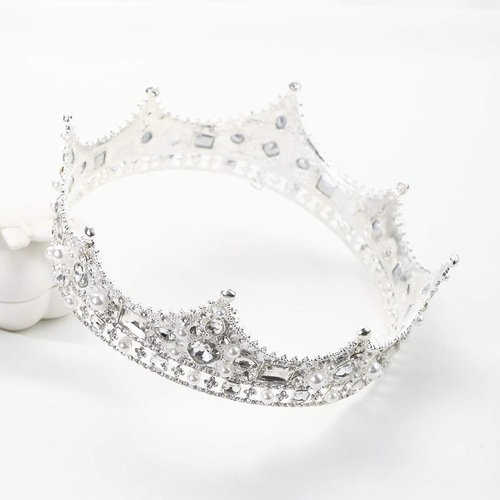 FORSEVEN King Crown for Men Crown Royal Costume Accessory Prom Tiara Baroque Vintage Crystal Pearl Bridal Wedding Tiaras Birthday Party Round Crowns (Silver)