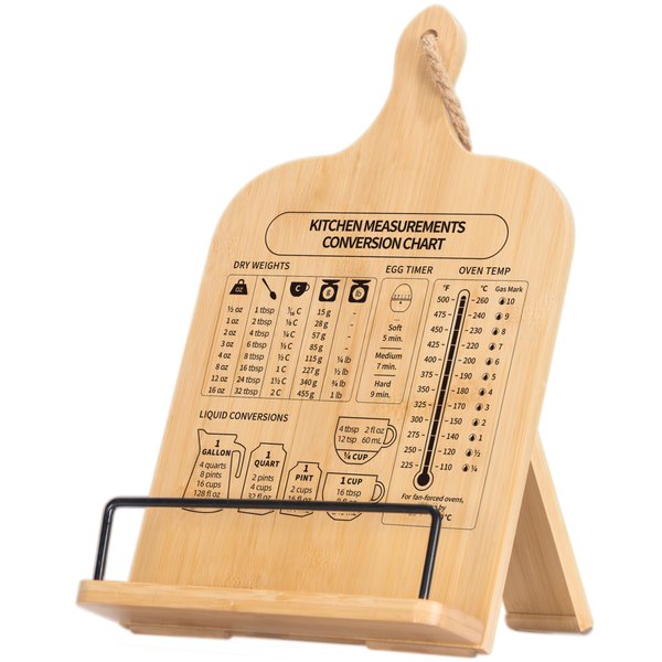 IKEDAS Bamboo Cookbook Stand, Sturdy Cook Book Holder, Recipe Book Holder with Measurement Conversion Chart, Cookbook Stand for Kitchen Counters, Essential Accessories for Holding Cookbooks