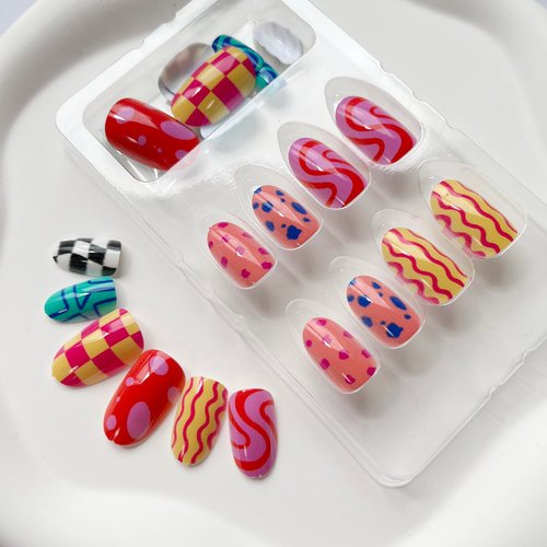 24Pcs Medium Length Press on Nails Round Head Almond Fake Nails Cute False Nails with Designs Glossy Stick on Nails Colorful Acrylic Nails Full Cover Glue on Nails for Women Manicure Tips Decorations