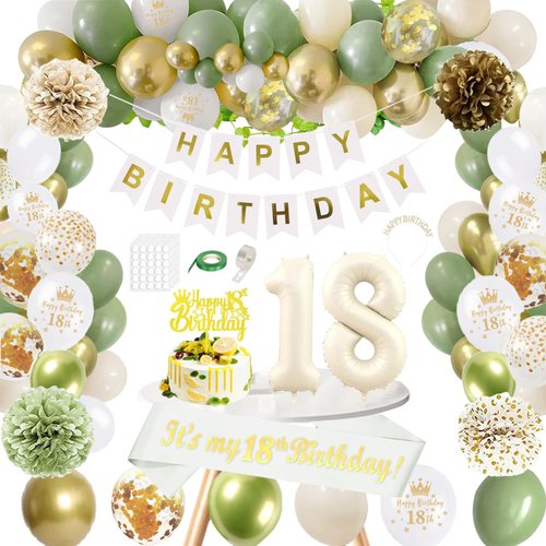 GYESXYW Sage Green 18th Birthday Decorations for Girls, Olive Green and Gold 18th Birthday Decorations Set, Happy Birthday Banner, Crown, Birthday Sash, Confetti Balloons for Girls Party Supplies