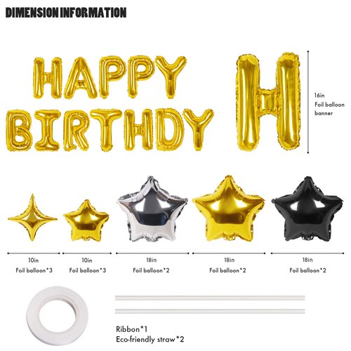 CANREVEL Happy Birthday Banner 13pcs 16 Inch Mylar Foil Letters with 12pcs Star Balloons Birthday Party Decorations for Kids and Adults - 3D Gold