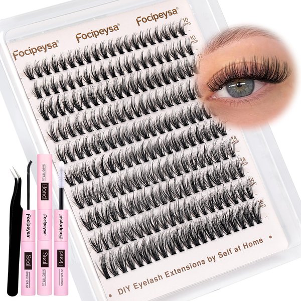 Focipeysa Lash Extension Kit 30D Wispy Lash Clusters 10-16mm Eyelash Clusters Kit Manga Clusters Lashes CD Curl Cluster Eyelash Extensions with Lash Bond and Seal, Lash Tweezers (30D Lash Kit 200pcs)