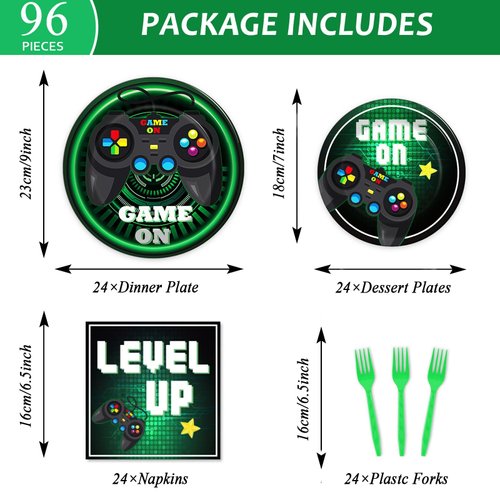 96 Pcs Video Game Plates and Napkins Party Supplies Gaming Party Tableware Set Green Gamer Party Decorations Favors for Kids Birthday Baby Shower Serves 24
