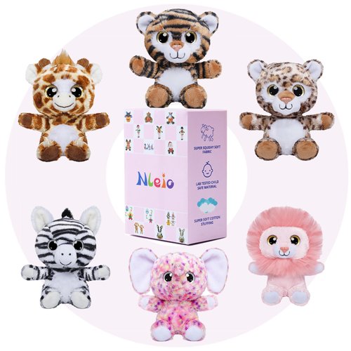 Nleio 7inch Stuffed Animals Forest Plush Toys, 6 Pieces Super Soft Jungle Animal Stuffed Toys Lion/Giraffe/Elephant/Tiger/Zebra/Leopard Safari Plush Animals for Babies Kids Toys Party Decorations