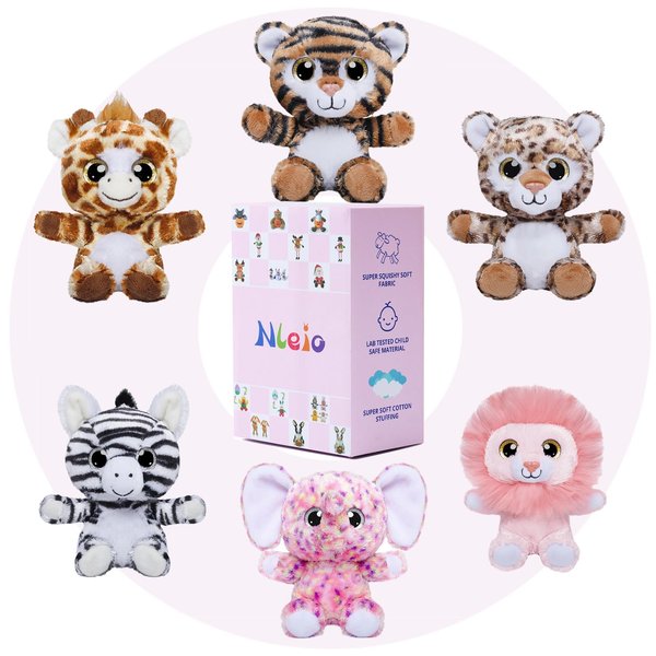 Nleio 7inch Stuffed Animals Forest Plush Toys, 6 Pieces Super Soft Jungle Animal Stuffed Toys Lion/Giraffe/Elephant/Tiger/Zebra/Leopard Safari Plush Animals for Babies Kids Toys Party Decorations