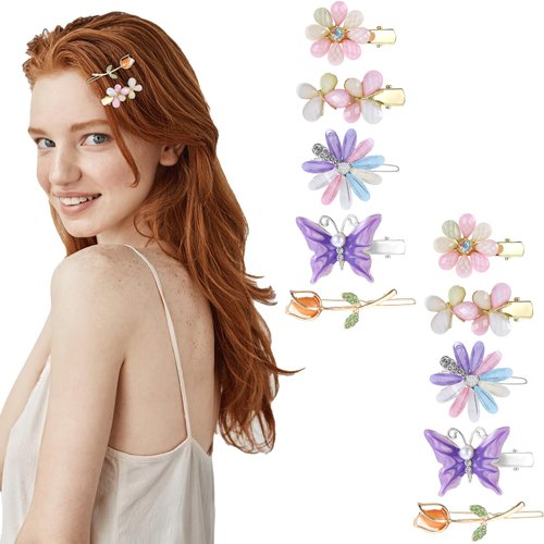 10 Pcs Rhinestone Bobby Pins Decorative Hair Clips Metal Butterfly Flower Barrettes Glitter Crystal Hairpin Handmade Headwear Styling Tools Sparkly Hold Hair Jaw Clips for Women Girls Accessories