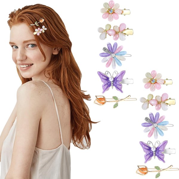 10 Pcs Rhinestone Bobby Pins Decorative Hair Clips Metal Butterfly Flower Barrettes Glitter Crystal Hairpin Handmade Headwear Styling Tools Sparkly Hold Hair Jaw Clips for Women Girls Accessories