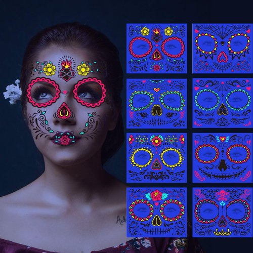 8 Sheets Halloween Day of The Dead Face Tattoos,Sugar Skull Tattoos Glow UV Neon Temporary Tattoos for Women Halloween Christmas Festival DIY Makeup Party Props