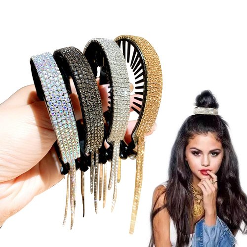 4Pcs Rhinestone Claw Hair Clips for Buns and Thin Hair, Tassel Bun Pieces with Holder for Women a...