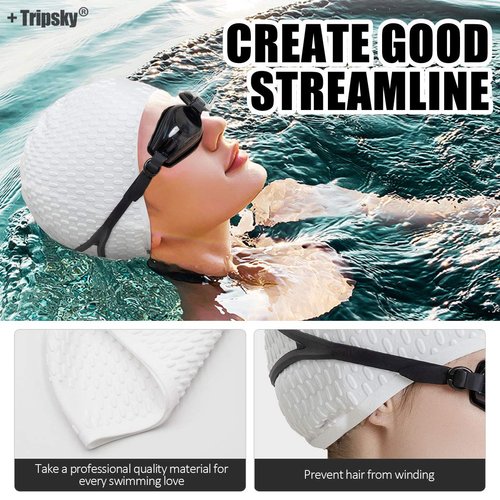 Tripsky Silicone Swim Cap,Comfortable Bathing Cap Ideal for Curly Short Medium Long Hair, Swimming Cap for Women and Men, Shower Caps Keep Hairstyle Unchanged (White)