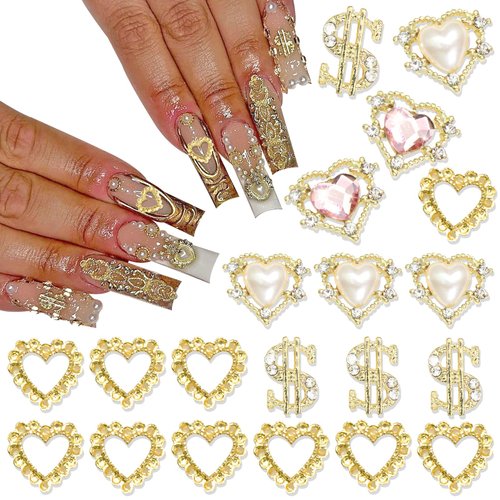 YAEISM Gold Heart Nail Charms Shiny 3D Dollar Sign Nail Charms Alloy Crystal Nail Pearl Rhinestones for Nail Art and DIY Crafts Decoration