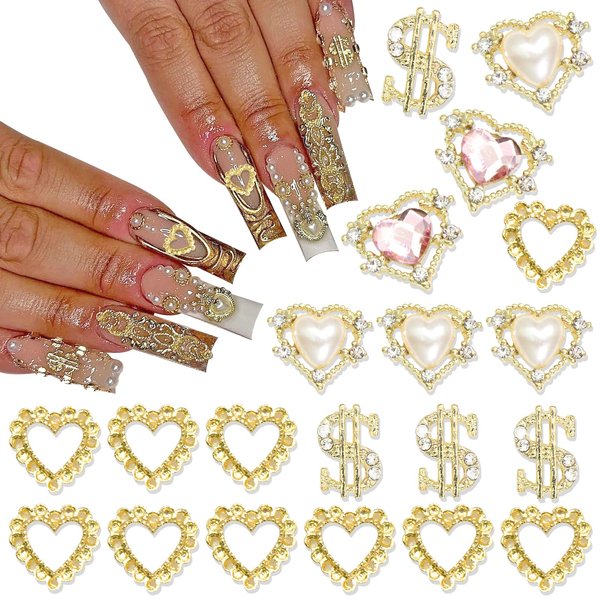 YAEISM Gold Heart Nail Charms Shiny 3D Dollar Sign Nail Charms Alloy Crystal Nail Pearl Rhinestones for Nail Art and DIY Crafts Decoration