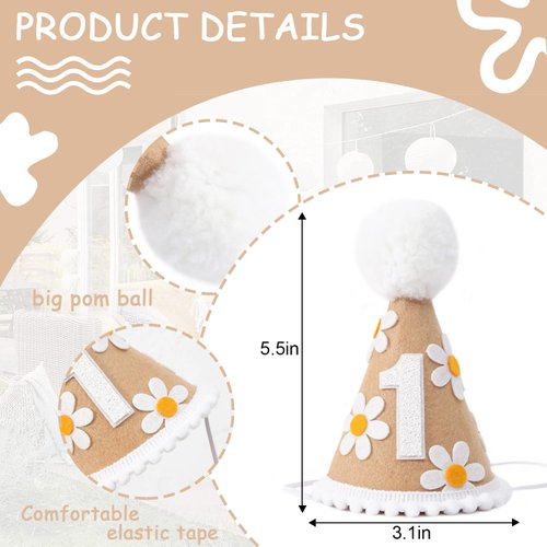 WAWUO Sweet Daisy Themed Birthday Hat - Party Decorations for Baby Girl or Boy's First Birthday
