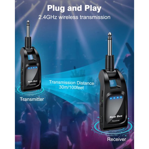 Wireless Guitar System 2.4GHz with 6 Channels Rechargeable Audio Wireless Guitar Transmitter Receiver for Guitar Bass Electric Instruments