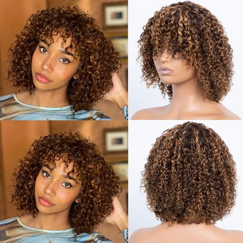 LYOLKSER hair human wigs short curly wig with bangs 100% brazilian virgin human hair no lace front wigs brown highlight 4/27 human wig glueless wig 12 inch