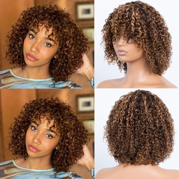 LYOLKSER hair human wigs short curly wig with bangs 100% brazilian virgin human hair no lace front wigs brown highlight 4/27 human wig glueless wig 12 inch