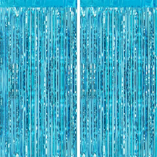 CHRORINE 2pcs 3ft x 8ft Light Blue Metallic Tinsel Foil Fringe Curtains Backdrop for Frozen Mermaid Blue Birthday Party Decorations, Baby Shower Bachelorette Bridal Shower Party Decorations