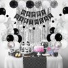 Black and Silver Birthday Party Decorations, Black White Silver Balloons Birthday Decoration Black Happy Bithday Banner Star Foil Balloon Silver Fringe Curtain Pompom for Women Men Birthday Supplies