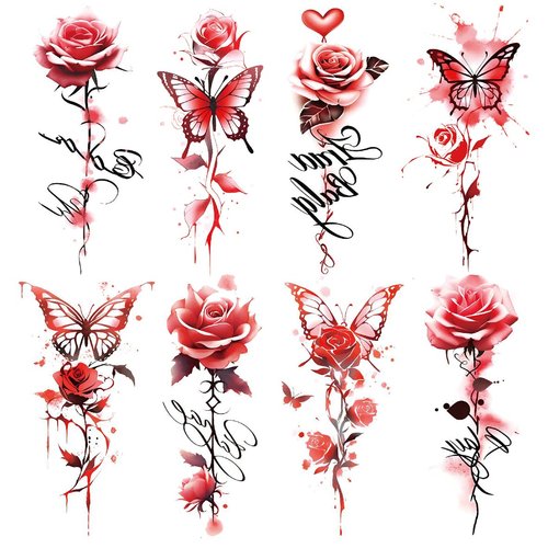 Oottati 8 Sheets Arm Waterproof Temporary Tattoos Red Flower Butterfly Rose Heart