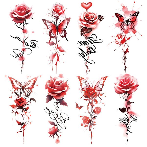 Oottati 8 Sheets Arm Waterproof Temporary Tattoos Red Flower Butterfly Rose Heart