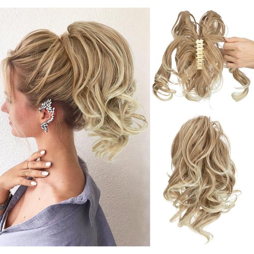CJL HAIR Claw Clip Short Ponytail Hair Extensions Bendable Metals Messy Bun Hair piece Wavy Curly Fake Hairpieces (Gloden Blonde and Beach Blonde Tips, 12 inch)