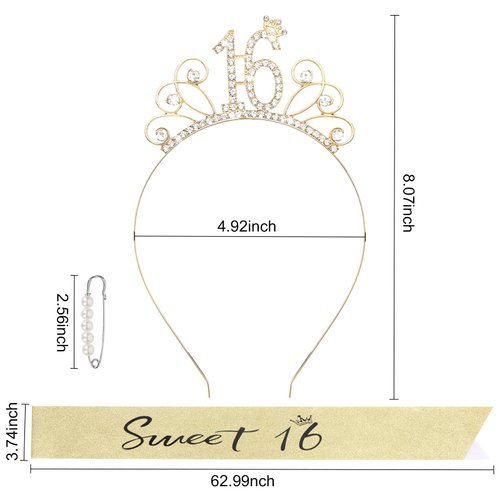 YARIEW Sweet 16 Birthday Sash Headband, Sweet 16 Birthday Decorations for Girls, Birthday Crown and Sash, 16th Birthday Gifts for Girls, Sweet Sixteen Gifts for Girls Gold
