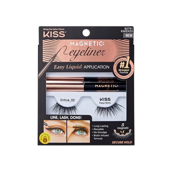 KISS Magnetic Eyeliner False Eyelashes, 'Entice', 12 mm, Includes 1 Pair Of Magnetic Lashes, Magnetic Lash Eyeliner, Contact Lens Friendly, Easy to Apply, Reusable Strip Lashes