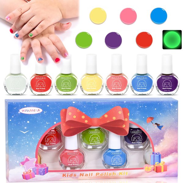 wakaniya Kids Nail Polish, Mini Nail Polish Set for Girls & Glow in the Dark Nail Polish Non-Toxic Water-Based Peel-Off Quick Dry Low Odor Nail Polish Set Ages 3+