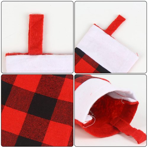SULOLI 12 Pack Christmas Small Stockings, Red and Black Buffalo Plaid Christmas Hanging Stockings with Plush Cuff for Christmas Party Tree Decorations