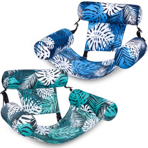 Sloosh Pool Floats Adult, 2 Packs Inflatable Pool Lounge Chairs,Blow up Hammock Pool Noodles Floats for Adults,Floating Water Chair for Pool Party Lake River Water Fun(Tropical Leaves-Green,Blue)
