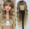 QYDEERY Blonde Wig with Bangs for Women Long Ombre Blonde Wavy Wigs with Dark Root Curly Synthetic Wig Natural Looking Hair Heat Resistant Wigs for Daily Party Use