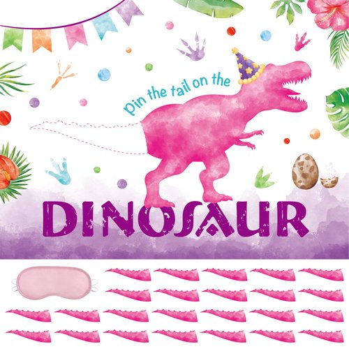 WERNNSAI Pin The Tail on The Dinosaur Game - Dino Theme Party Games for Girls Kids 21" x 28" Dinosaur Poster 24 Pcs Pink Tails Watercolor Dinosaur Birthday Party Supplies