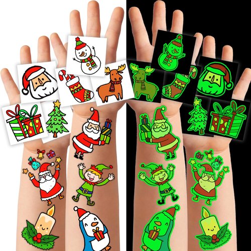 winthrop 240 Pcs Bulk Luminous Christmas Temporary Tattoos for Kids, Individually Wrapped Waterproof Glow In The Dark Tattoos, Best Choice for Christmas Goody Bag Stuffers, 60 Designs Elk Snowman