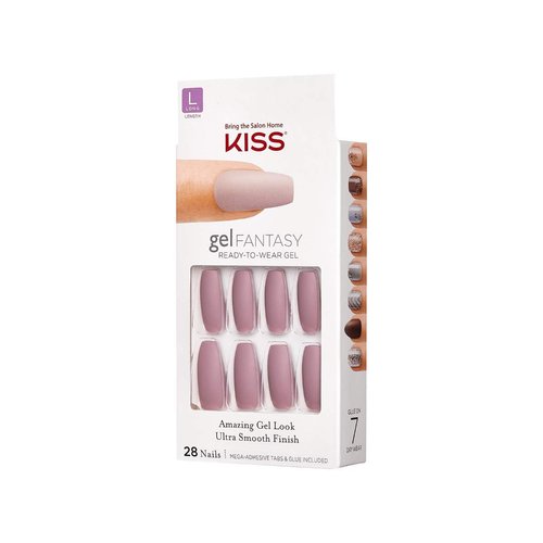 KISS Gel Fantasy Ready-to-Wear Press-On Gel Nails, “Stick Together”, Long, Dark Pink, Nail Kit with 24 Mega Adhesive Tabs, Pink Gel Glue, Manicure Stick, Mini File, and 28 Fake Nails