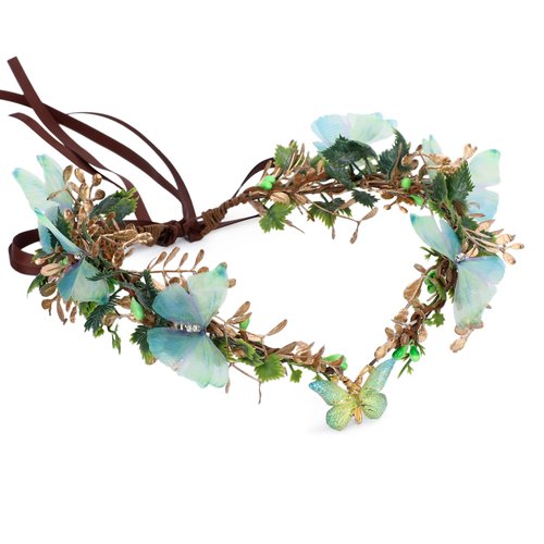MOSTORY Woodland Butterfly Flower Crown - Handmade Fairy Headpiece Elf Circlet Forest Tiara for Women Girls Spring Wedding Renaissance Party Gold Green