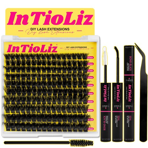 InTioLiz Lash Extension Kit Fluffy Lash Clusters Kit D Curl Thick Cluster Eyelashes Extensions 10-18mm DIY Individual Lashes Natural Eyelash Clusters Kit with Lash Bond and Seal Waterproof(200D-Kit)