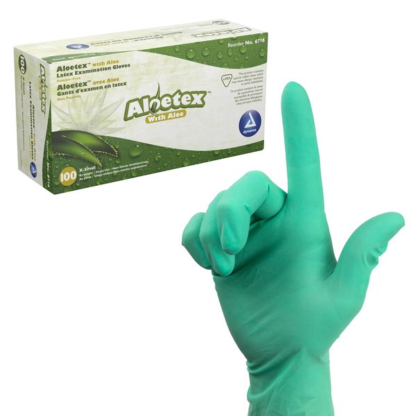 Dynarex Aloetex Latex Aloe Disposable Exam Gloves, Powder Free, Aloe Vera Gloves for Dry Hands, Used in Healthcare, Cleaning, Food Service, Green Latex Gloves, Extra-Small, 1 Box of 100 Gloves