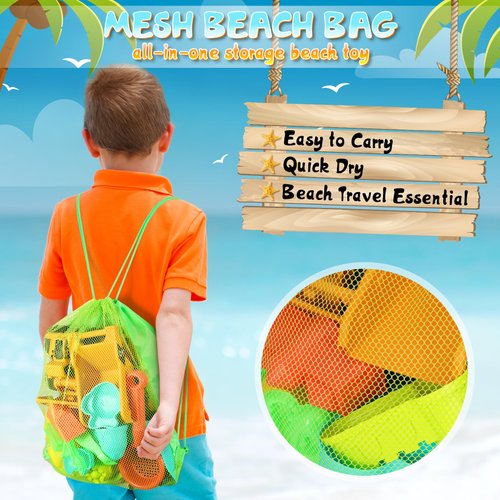 HUITEM Beach Sand Toys for Kids, 29PCS Sandbox Toys with 2 Collapsible Bucket Sand, 2 Dump Truck, Dinosaur Sand Molds, Sand Castle Kit, Shovel Sieve,Flags,Mesh Bag Travel Beach Toys for Toddler 3-10